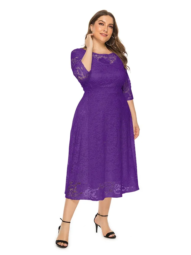 Plus Size Lace Evening Dress A-line Tea-length Dress with Pockets for Party vestidos de fiesta de noche Half Sleeve Family Party