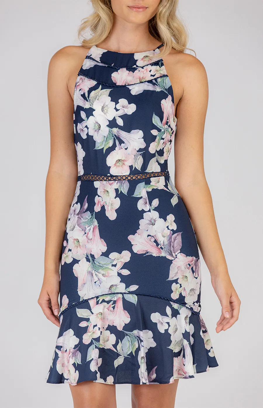 Printed Halter Neckline Dress with Trim Detail (SDR381-2A)