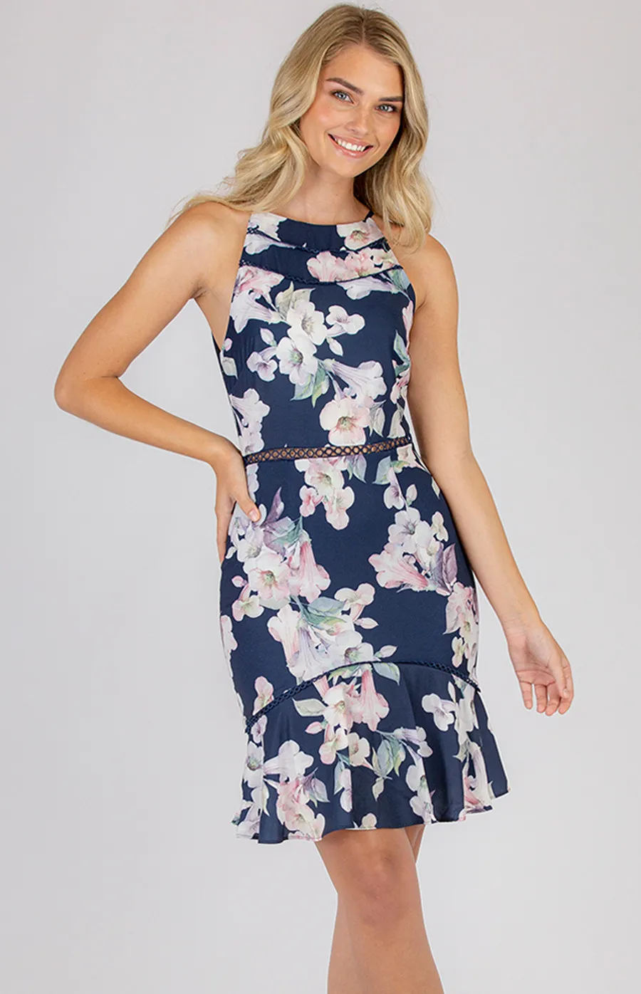 Printed Halter Neckline Dress with Trim Detail (SDR381-2A)