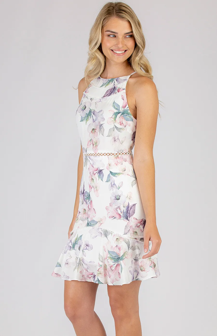 Printed Halter Neckline Dress with Trim Detail (SDR381-2A)