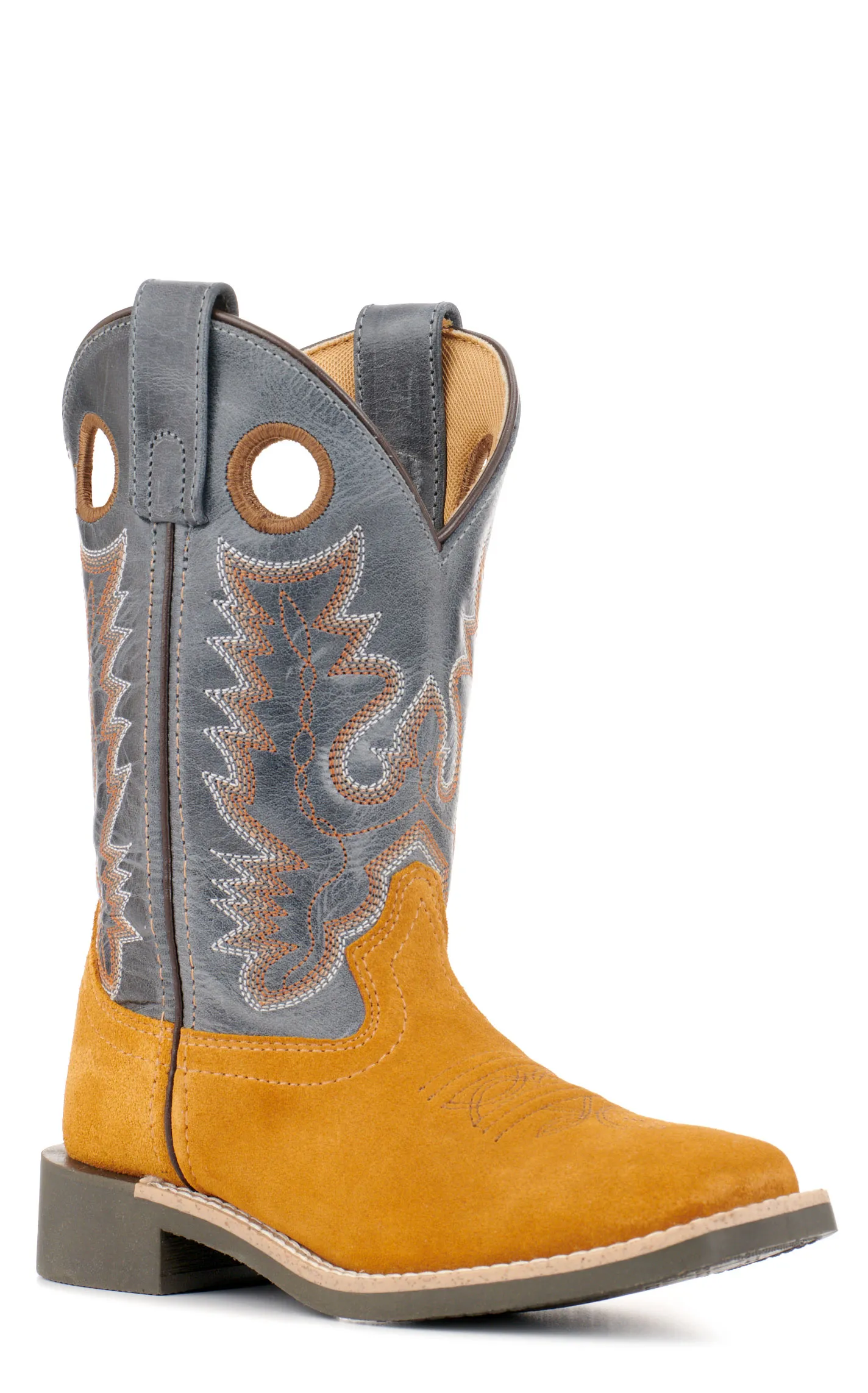 Smoky Mountain Youth Tex Camel Roughout and Light Navy Wide Square Toe Cowboy Boots