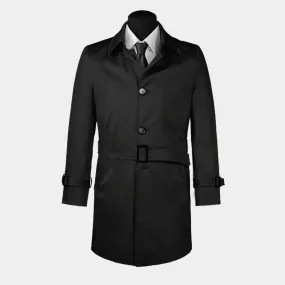  Trench coat Hombre de botonadura simple negro larga con cinturón