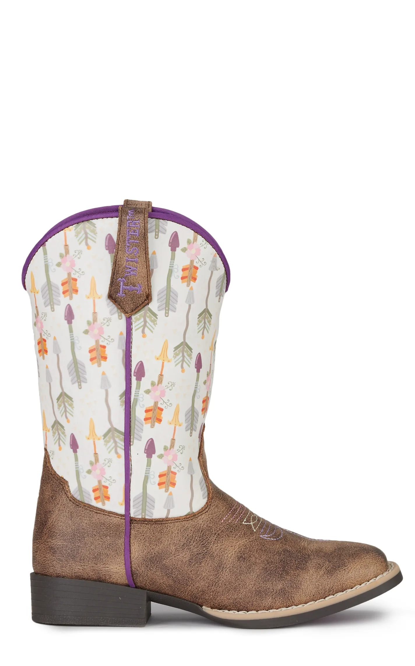 Twister Girls' Hannah Distressed Brown and White Arrow Print Square Toe Cowboy Boots