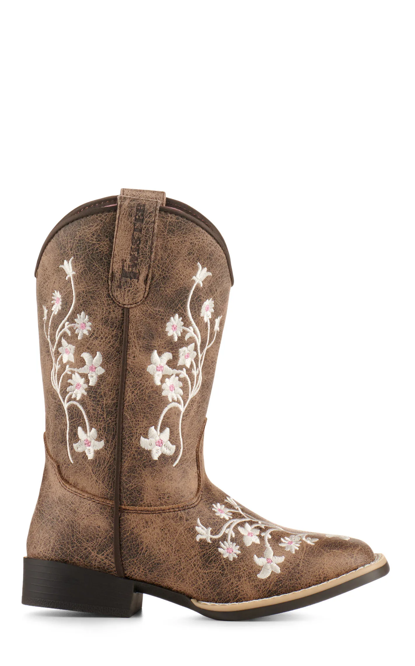 Twister Girls' Lily Brown with White Floral Embroidery Square Toe Cowboy Boots