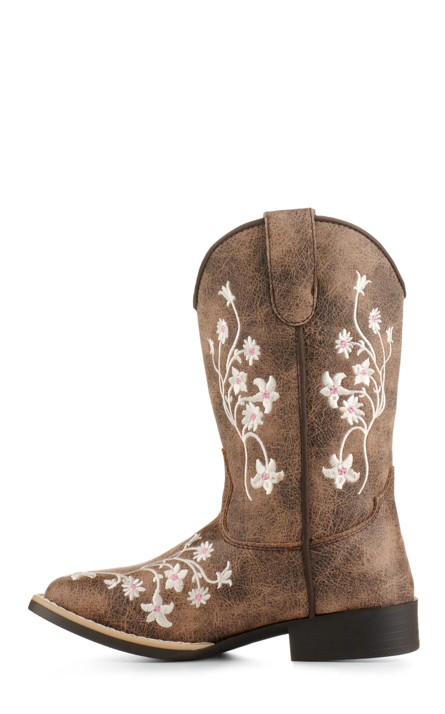 Twister Girls' Lily Brown with White Floral Embroidery Square Toe Cowboy Boots