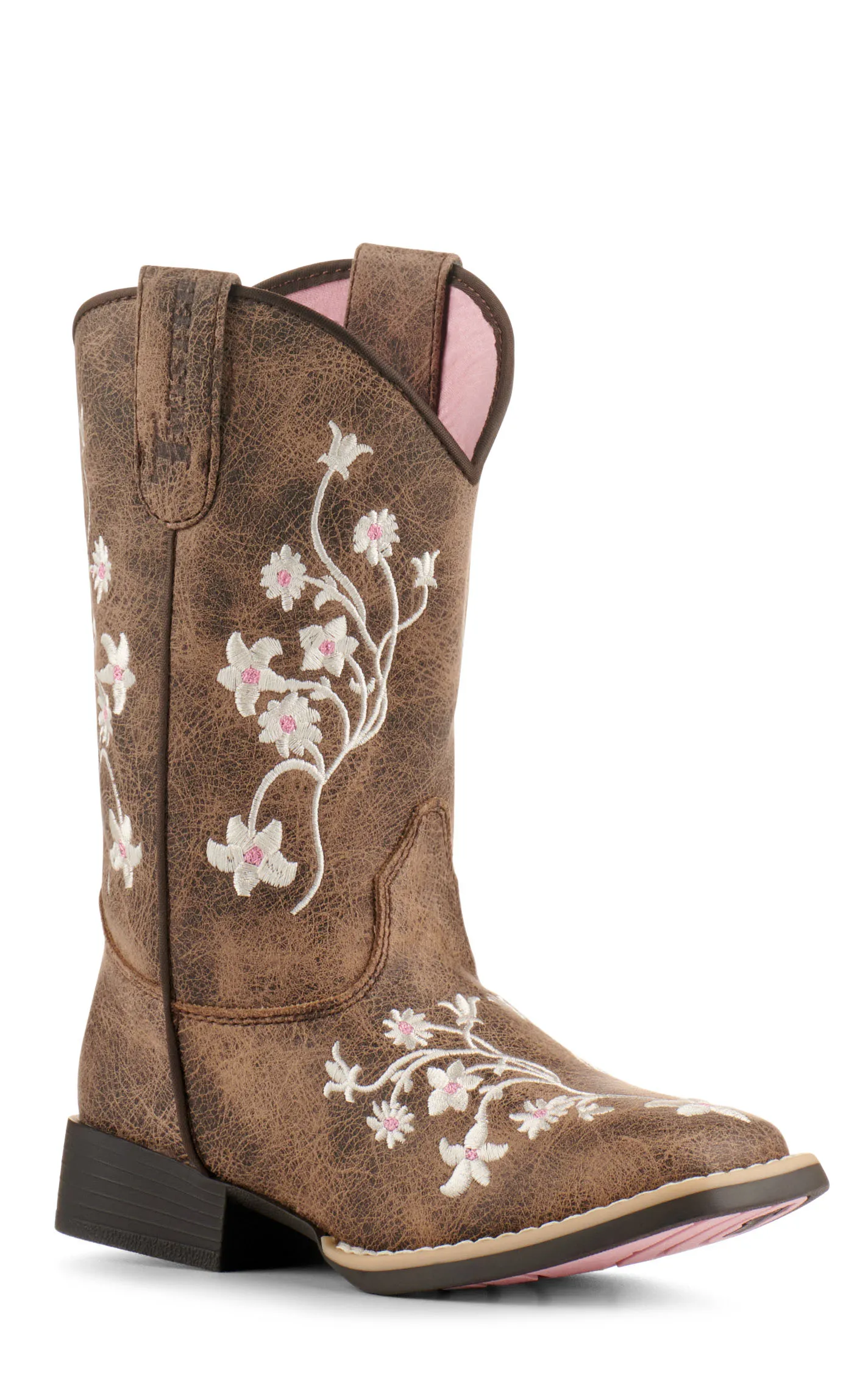 Twister Girls' Lily Brown with White Floral Embroidery Square Toe Cowboy Boots