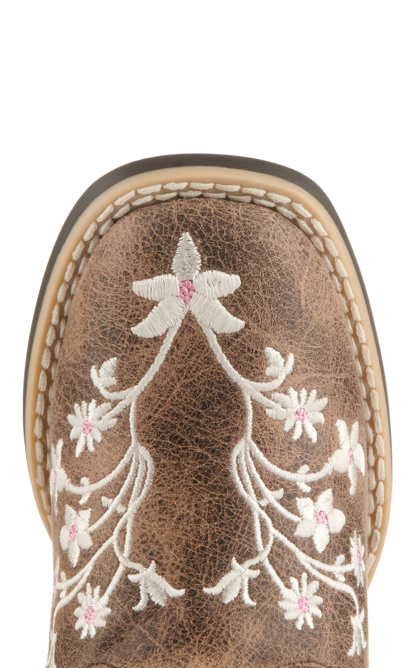 Twister Girls' Lily Brown with White Floral Embroidery Square Toe Cowboy Boots