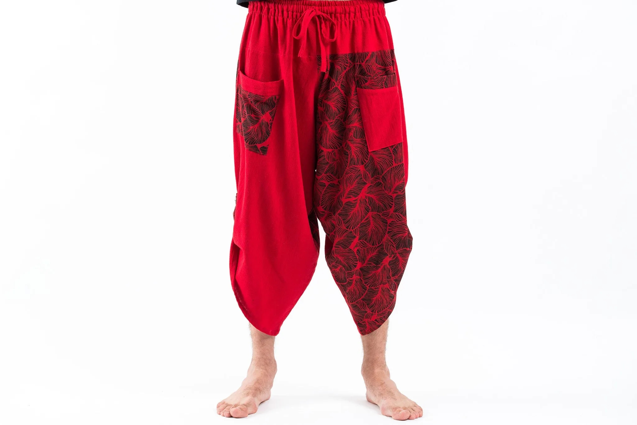 Two Tone Leaves Prints Men's Three Quarter Pants in Red