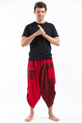 Two Tone Leaves Prints Men's Three Quarter Pants in Red