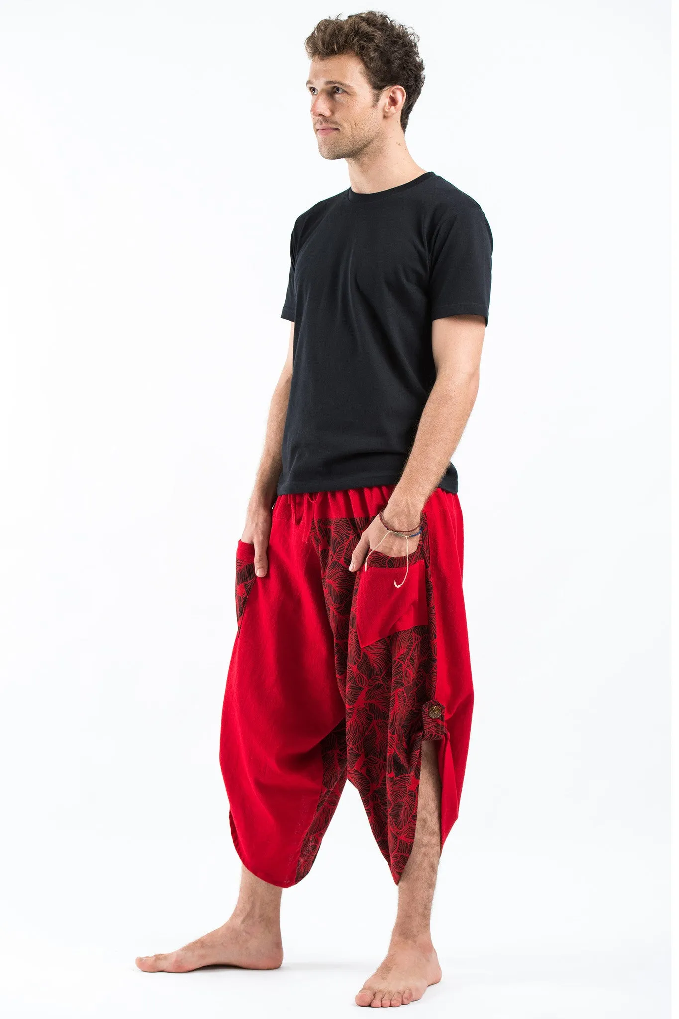 Two Tone Leaves Prints Men's Three Quarter Pants in Red