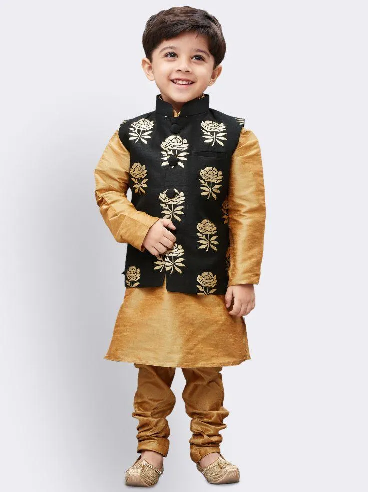 VASTRAMAY Boys' Gold Silk Cotton Blend Kurta, Waistcoat and Pyjama Set