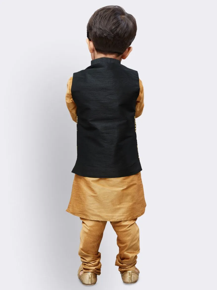 VASTRAMAY Boys' Gold Silk Cotton Blend Kurta, Waistcoat and Pyjama Set