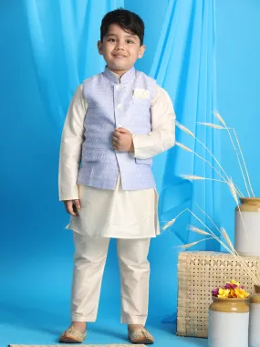 VASTRAMAY Boy's Lavender Woven Jacket With Cream Kurta and Pyjama Set