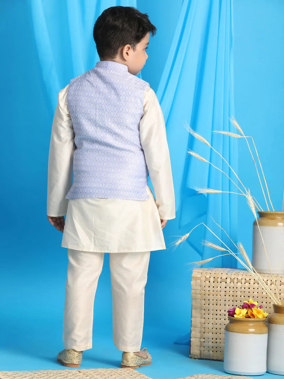 VASTRAMAY Boy's Lavender Woven Jacket With Cream Kurta and Pyjama Set