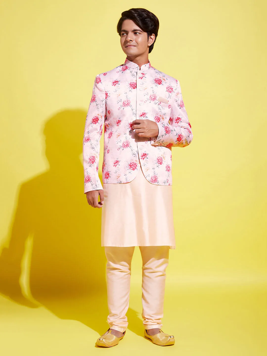 VASTRAMAY Floral Printed Peach Bandhgala Prince Coat Jodhpuri With Cream Kurta Pyjama Set