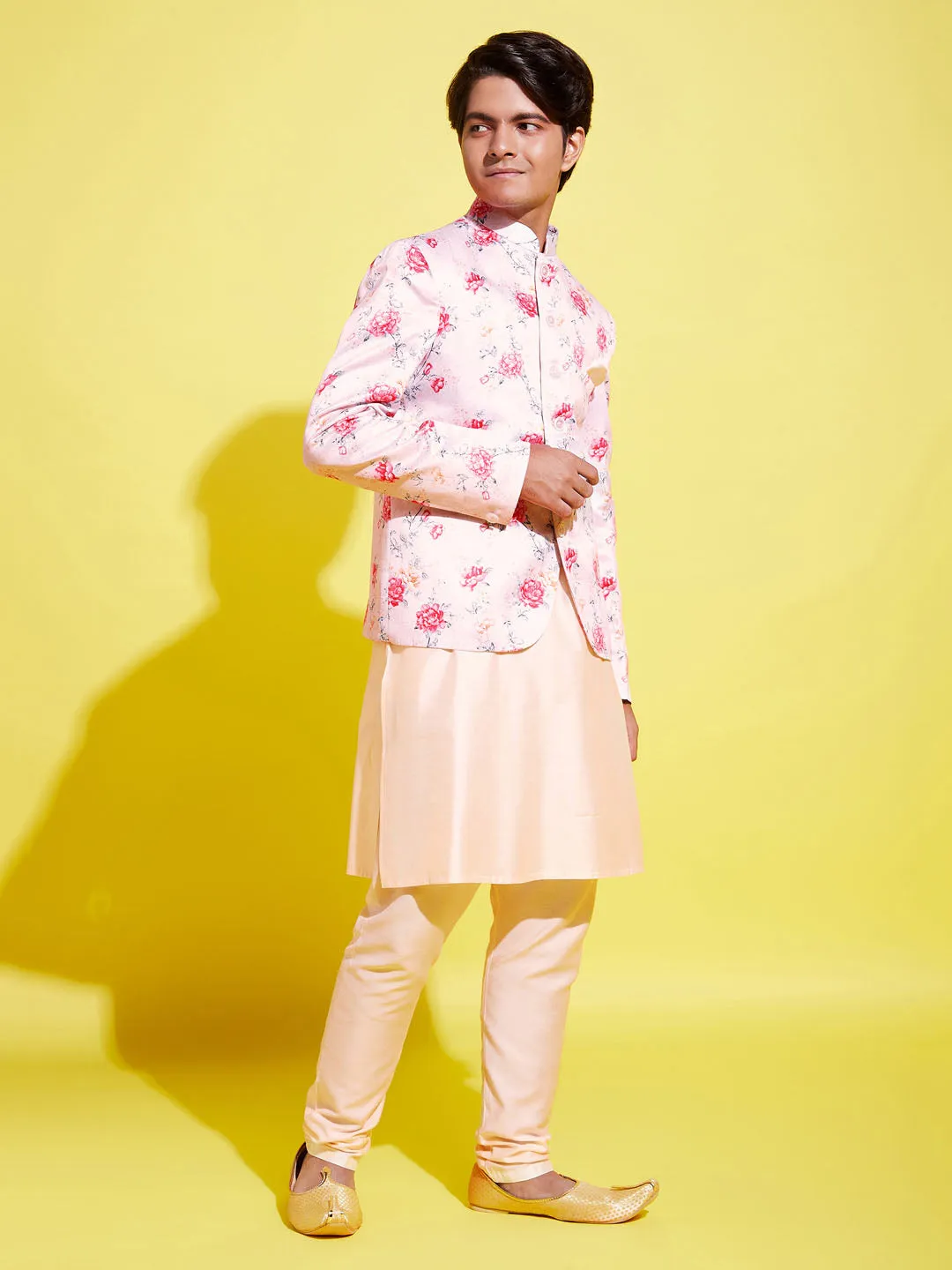 VASTRAMAY Floral Printed Peach Bandhgala Prince Coat Jodhpuri With Cream Kurta Pyjama Set