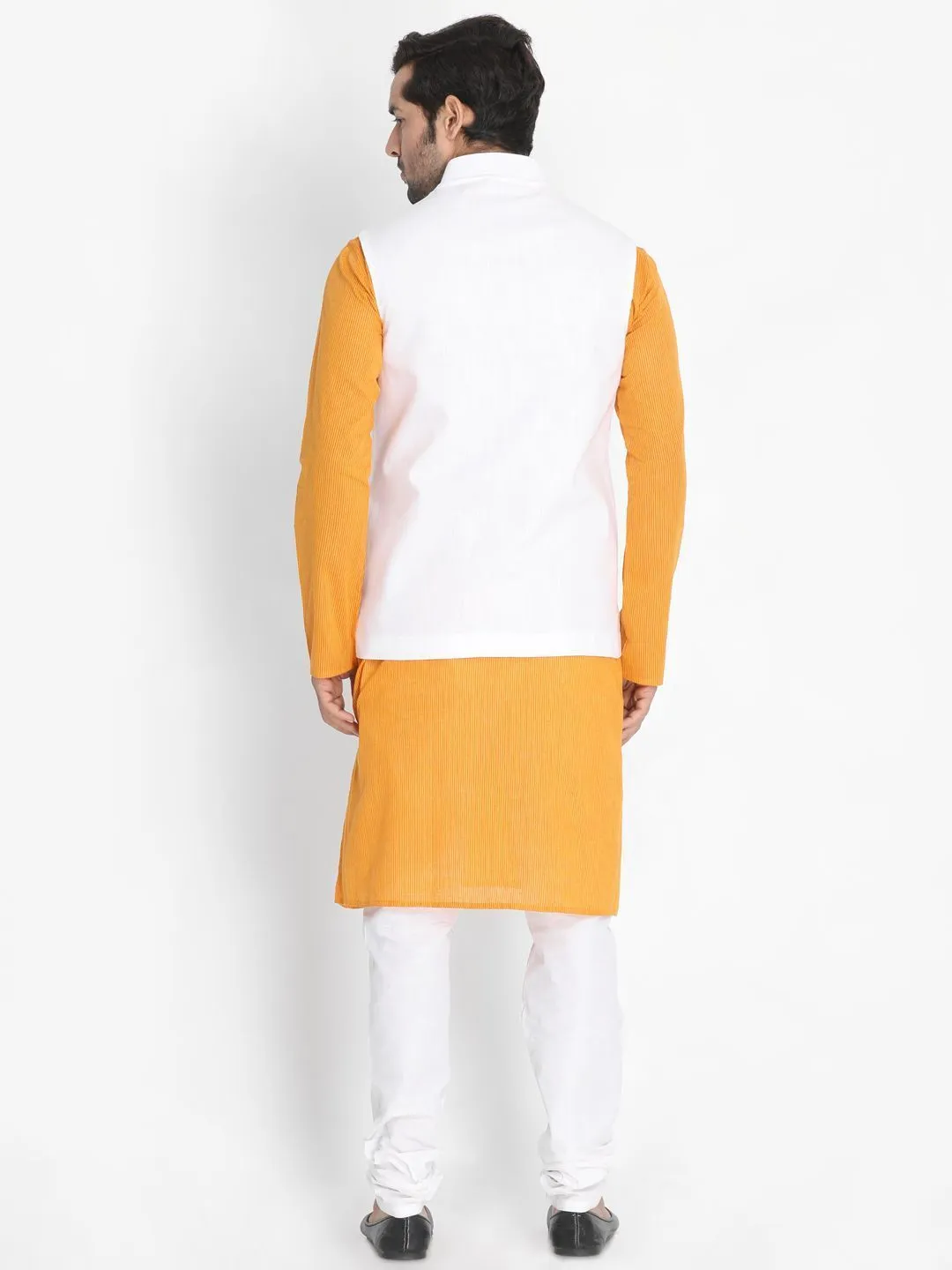 VASTRAMAY Men's Yellow Cotton Blend Kurta, Ethnic Jacket and Pyjama Set