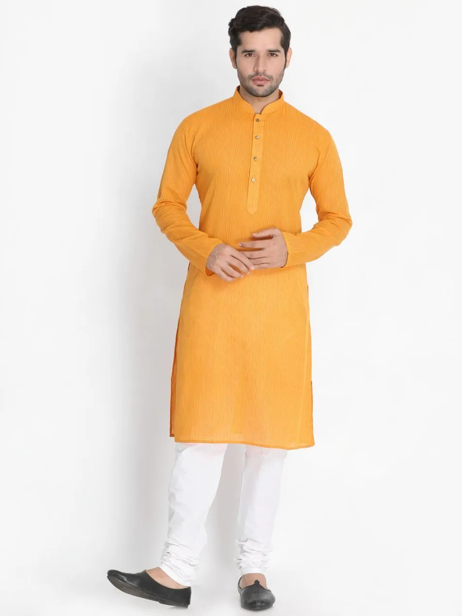 VASTRAMAY Men's Yellow Cotton Blend Kurta, Ethnic Jacket and Pyjama Set