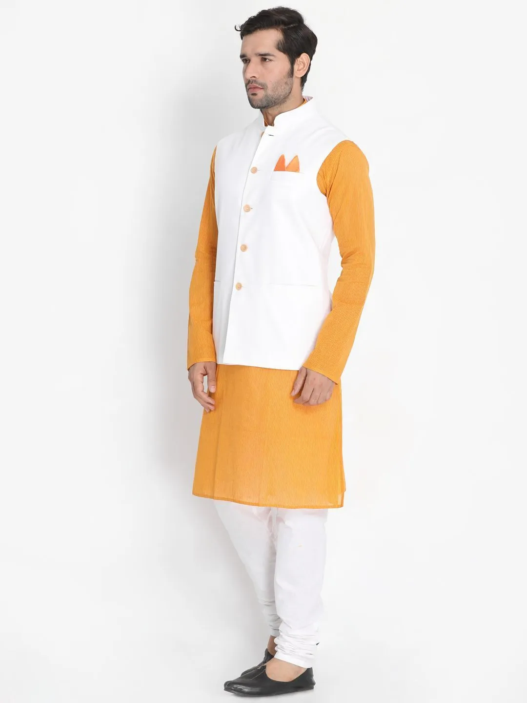 VASTRAMAY Men's Yellow Cotton Blend Kurta, Ethnic Jacket and Pyjama Set