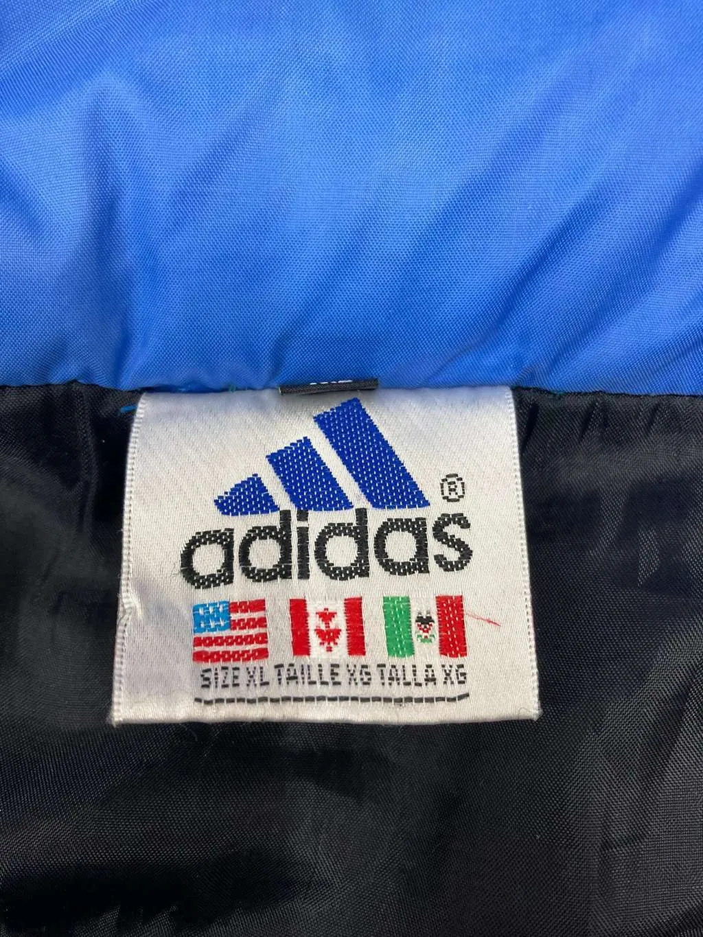 Vintage 90s Adidas padded sports jacket Tri-colour with spell-out logo on the back – Large