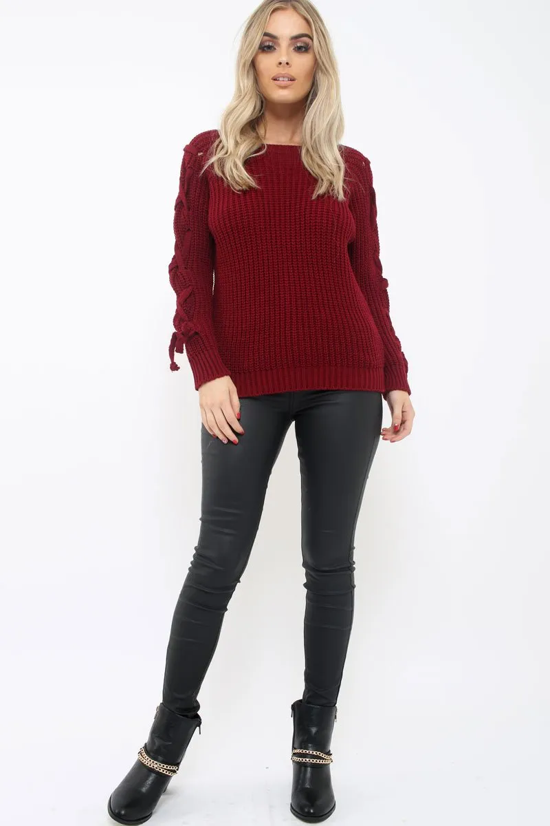 Wine Chunky Knit Lace Up Sleeve Jumper - Sarah