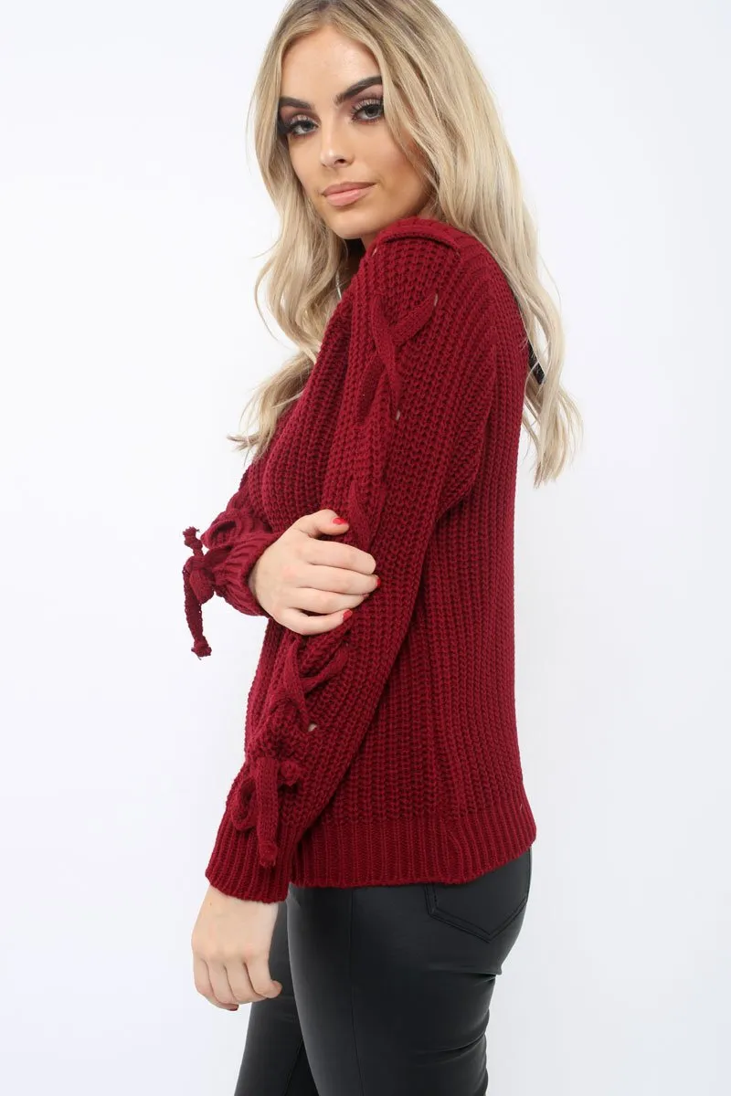 Wine Chunky Knit Lace Up Sleeve Jumper - Sarah