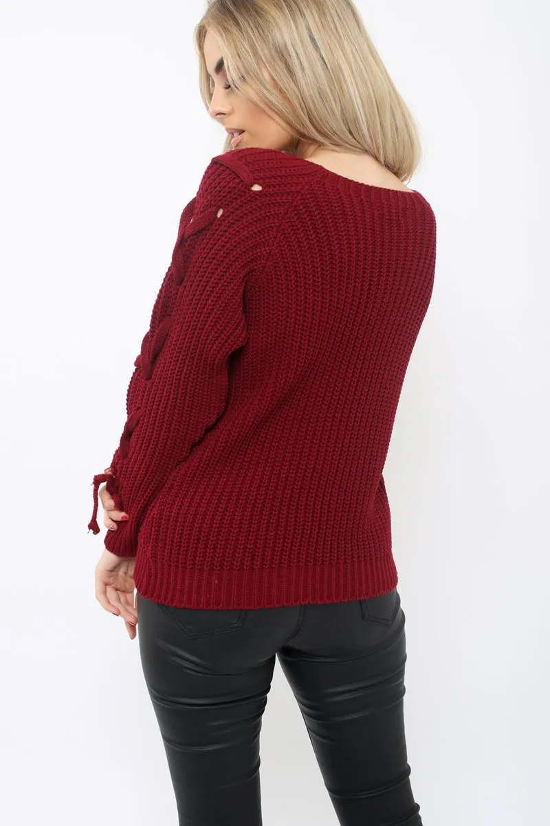 Wine Chunky Knit Lace Up Sleeve Jumper - Sarah