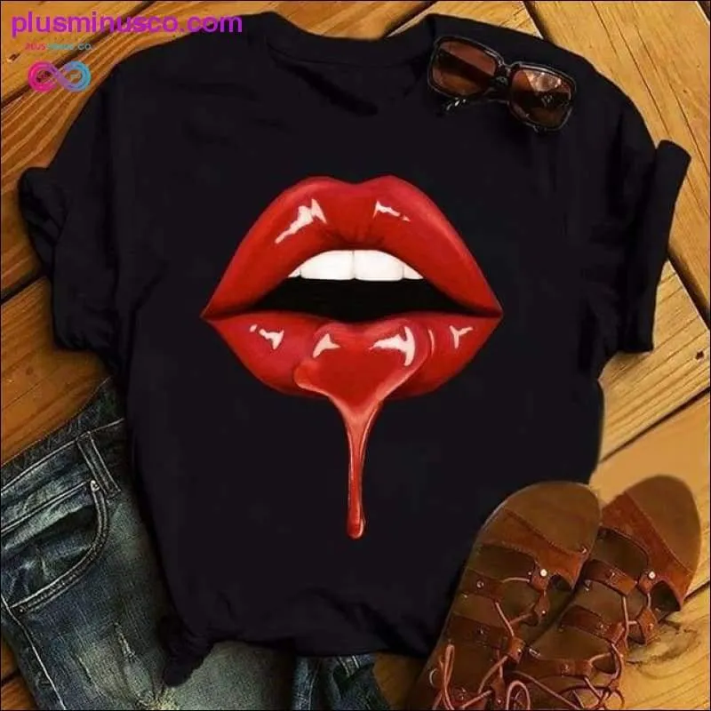 Women Lip Funny Printed Girl Black Tshirt Summer Cartoon