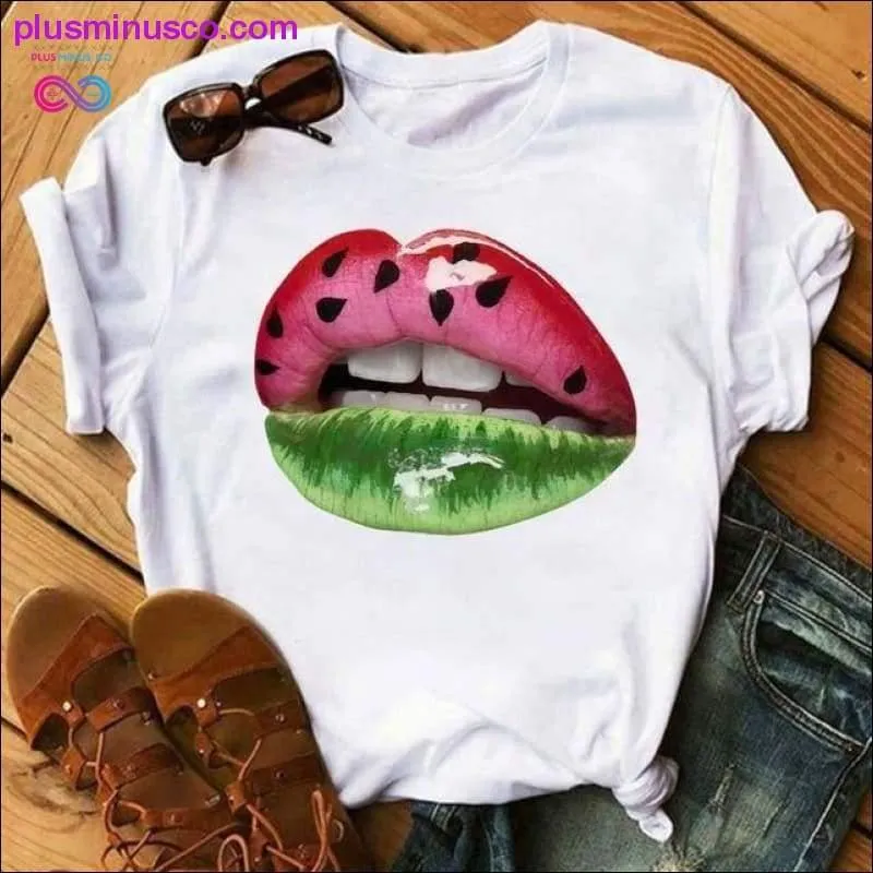 Women Lip Funny Printed Girl Black Tshirt Summer Cartoon