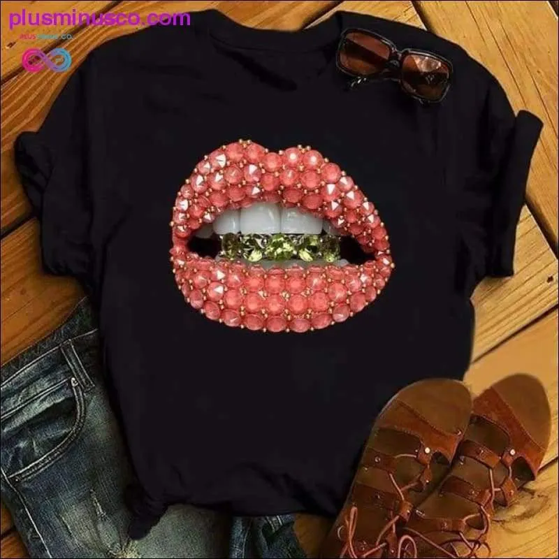 Women Lip Funny Printed Girl Black Tshirt Summer Cartoon