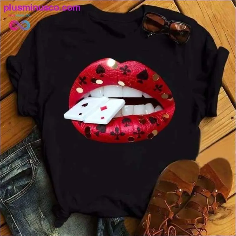 Women Lip Funny Printed Girl Black Tshirt Summer Cartoon