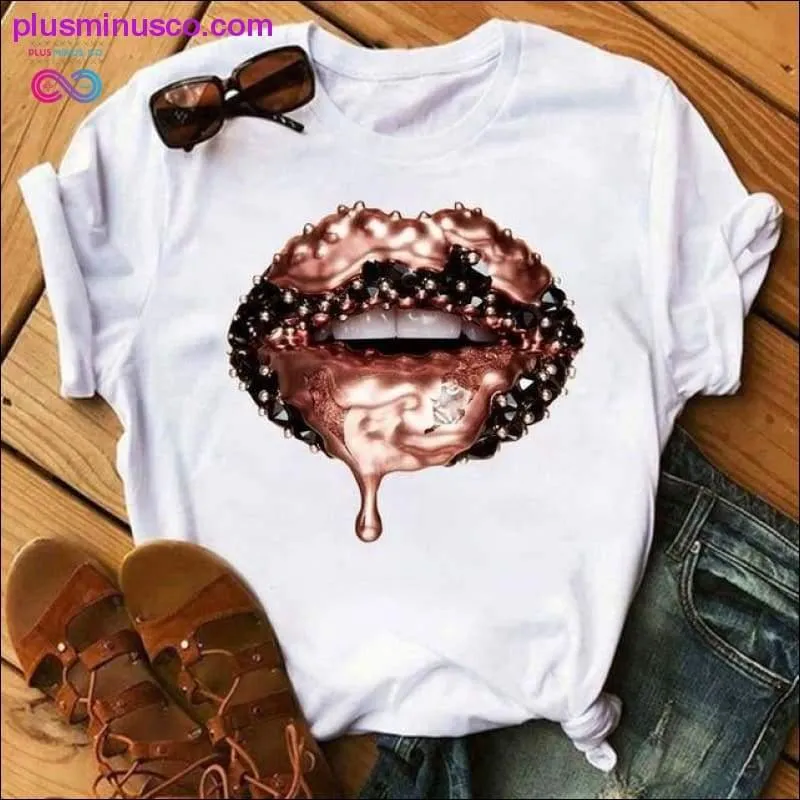 Women Lip Funny Printed Girl Black Tshirt Summer Cartoon