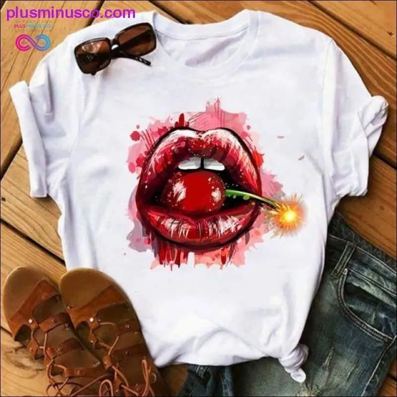 Women Lip Funny Printed Girl Black Tshirt Summer Cartoon