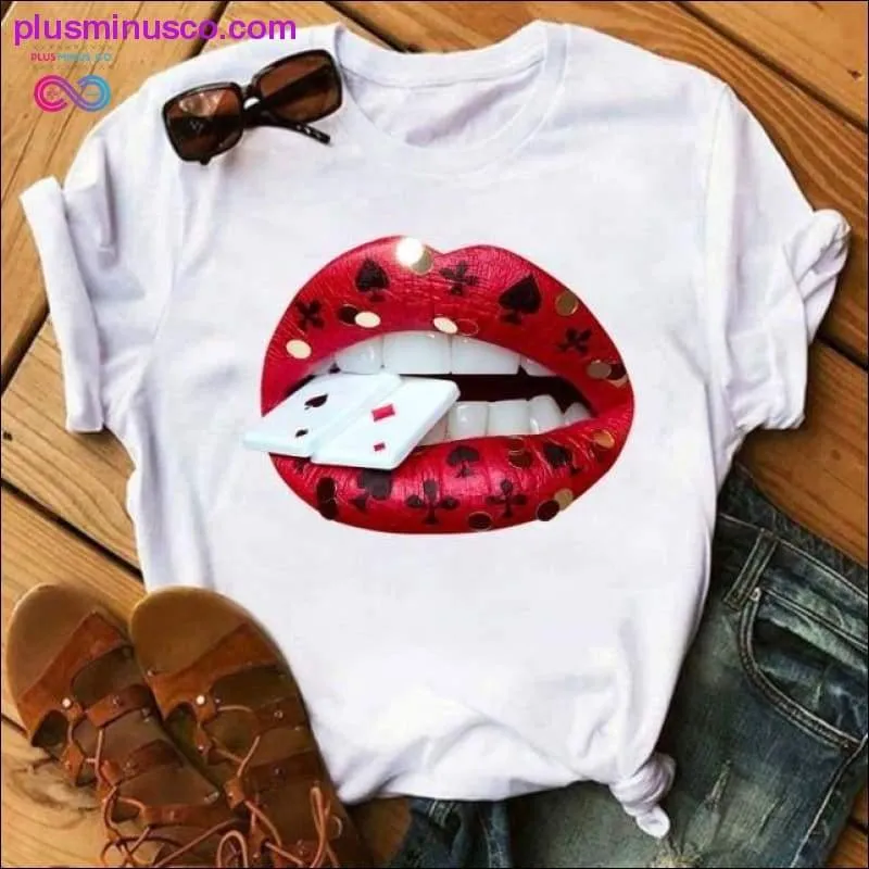 Women Lip Funny Printed Girl Black Tshirt Summer Cartoon