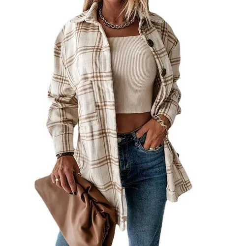 Women's Casual Plaid Single Breasted Coat Woolen Coat