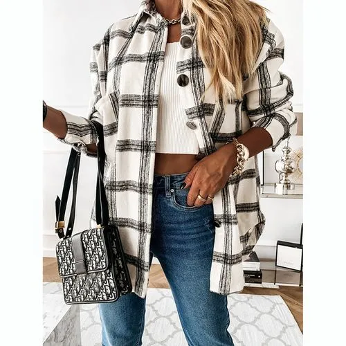 Women's Casual Plaid Single Breasted Coat Woolen Coat