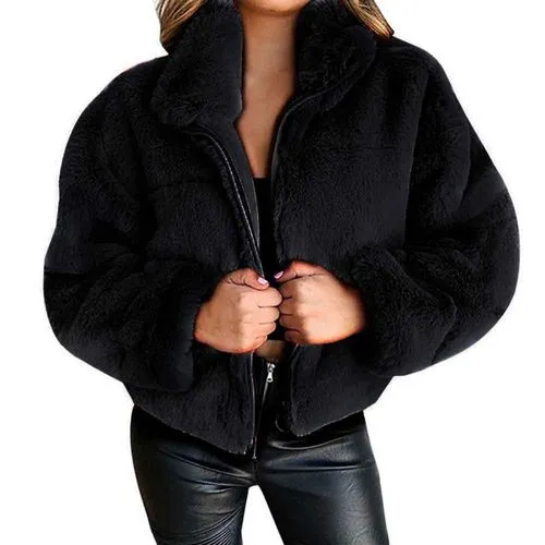 Women's Casual Solid Color Zipper Coat Woolen Coat