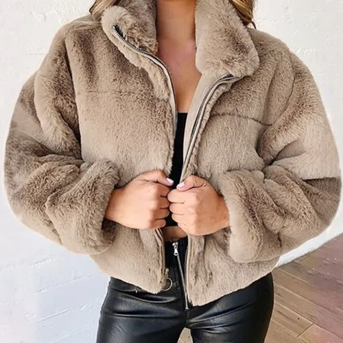 Women's Casual Solid Color Zipper Coat Woolen Coat