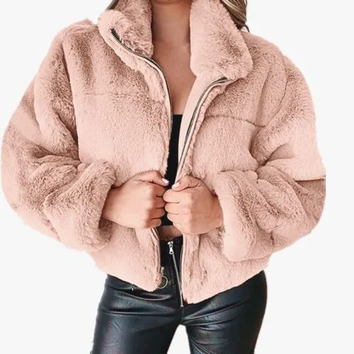 Women's Casual Solid Color Zipper Coat Woolen Coat