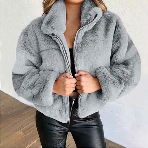 Women's Casual Solid Color Zipper Coat Woolen Coat