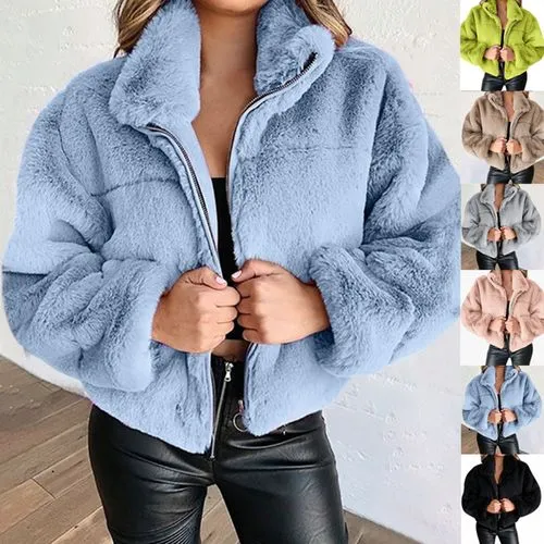 Women's Casual Solid Color Zipper Coat Woolen Coat