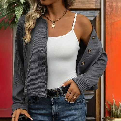 Women's Casual Streetwear Stripe Solid Color Single Breasted Coat Casual Jacket