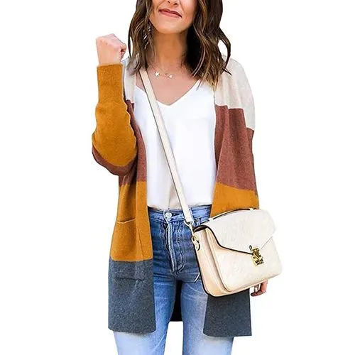 Women's Casual Stripe Patchwork Placket Sweater Sweater Coat