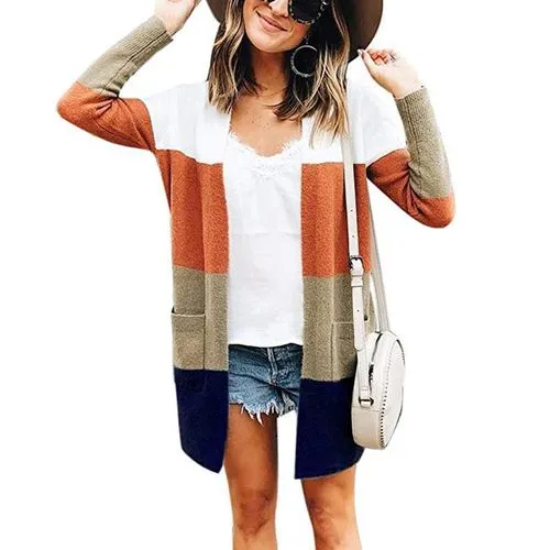 Women's Casual Stripe Patchwork Placket Sweater Sweater Coat