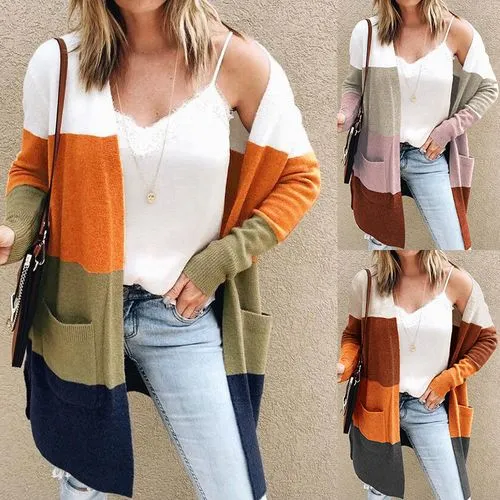 Women's Casual Stripe Patchwork Placket Sweater Sweater Coat