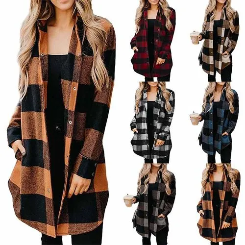 Women's Coat Long Sleeve Blouses Patchwork Fashion Plaid