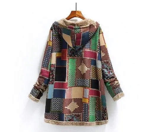 Women's Fashion Color Block Printing Single Breasted Coat Woolen Coat