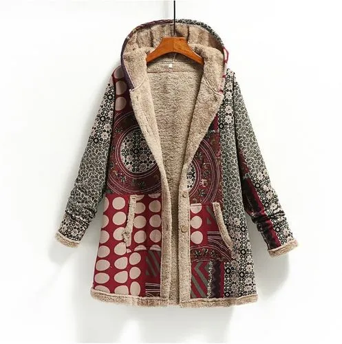 Women's Fashion Color Block Printing Single Breasted Coat Woolen Coat