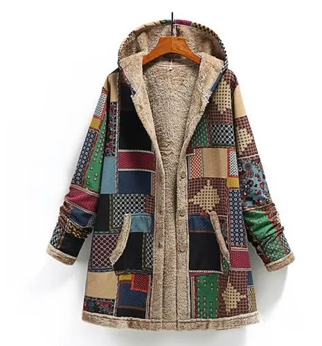 Women's Fashion Color Block Printing Single Breasted Coat Woolen Coat