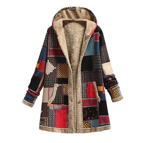 Women's Fashion Color Block Printing Single Breasted Coat Woolen Coat